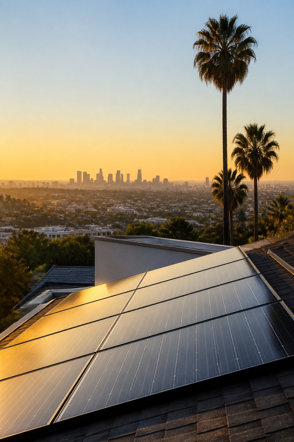 Solar panels overlooking Los Angeles at golden hour