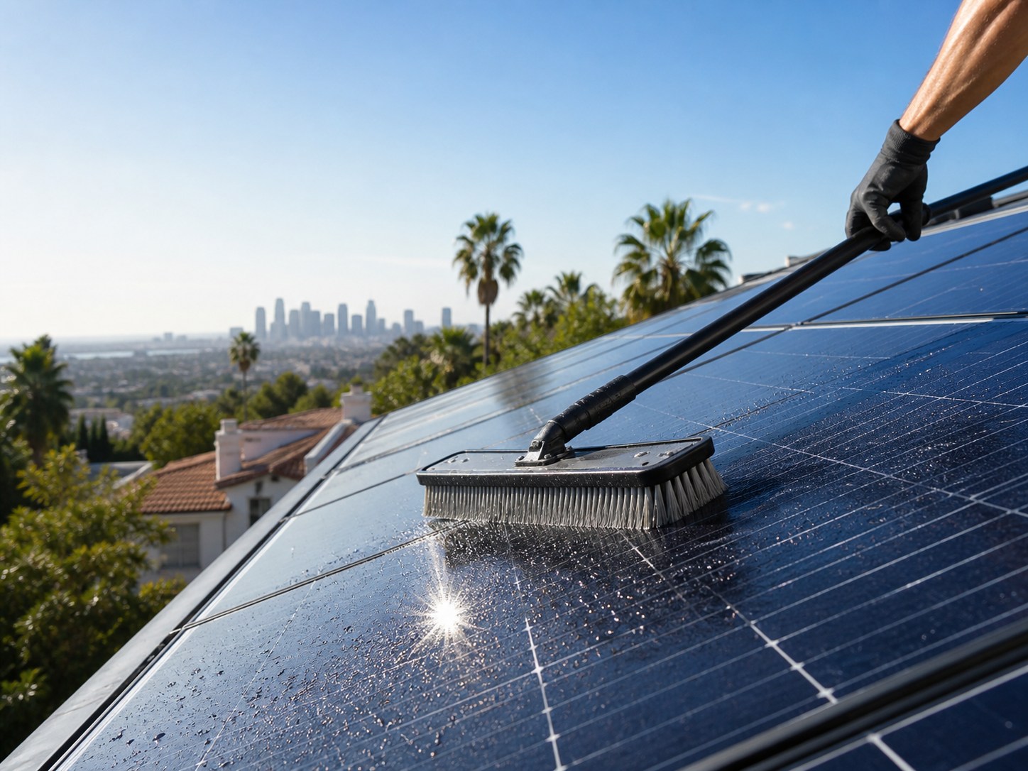 A professional washing residential solar panels in Los Angeles