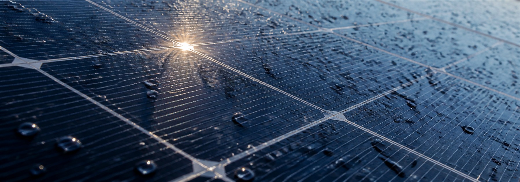 Water beading on the surface of a freshly cleaned solar panel